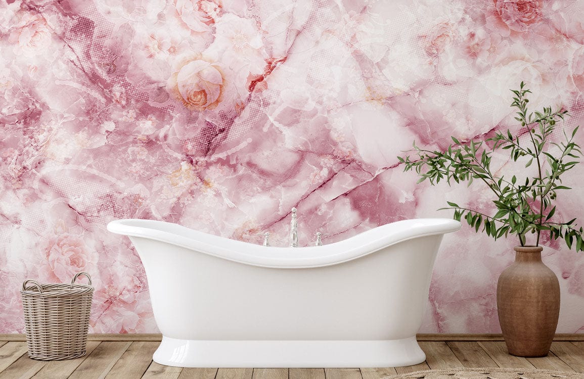 Wallpaper mural for the bathroom decorated in a cracked rose pink crystal pattern.