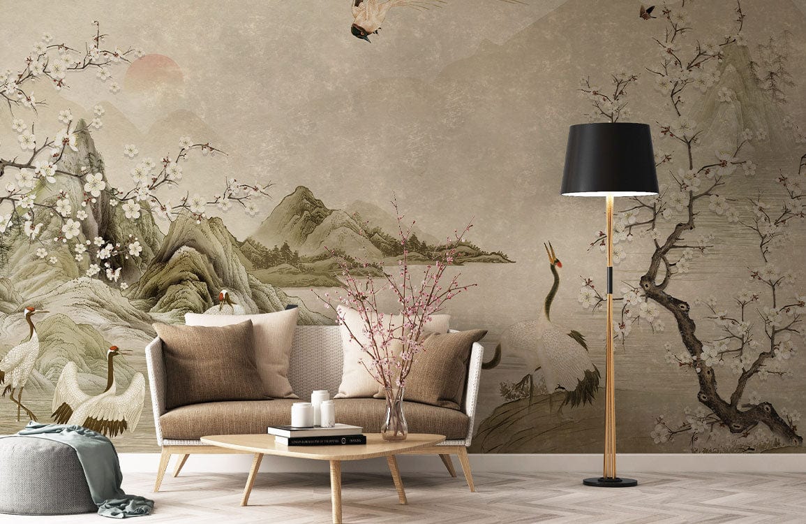 Wallpaper Mural for Living Room Decoration Featuring a Crane Landscape Painting