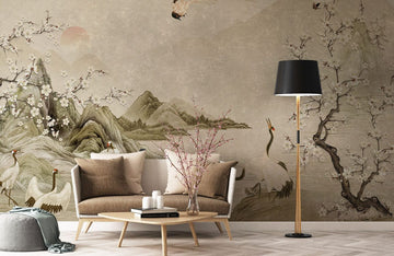 Elegant Asian Landscape Crane Mural Wallpaper