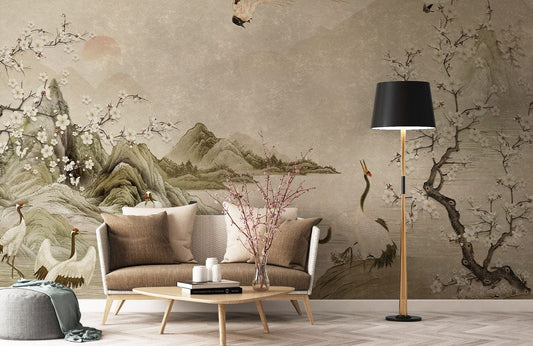 Wallpaper Mural for Living Room Decoration Featuring a Crane Landscape Painting