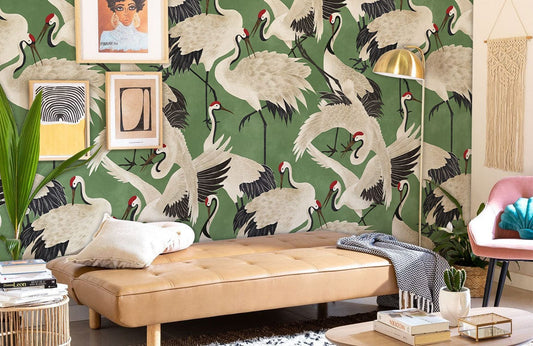 Wallpaper mural with Cranes on a Green Background, Suitable for Living Room Decoration