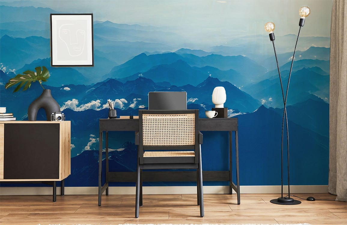 Wallpaper mural with a dark blue mountain range, perfect for decorating an office.