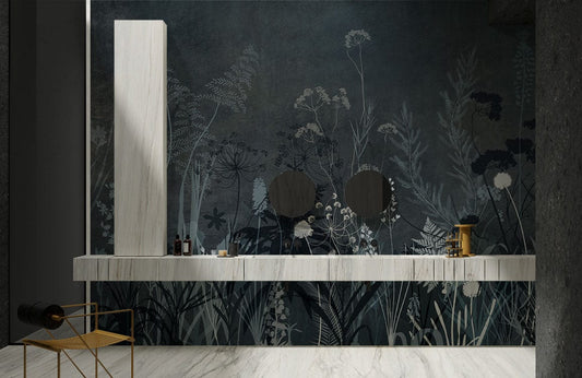 Wallpaper mural with a silhouette of dark bushes, perfect for use as bathroom decor.
