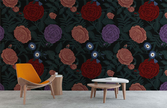 Wallpaper mural for room decoration including dark and colorful blossoms