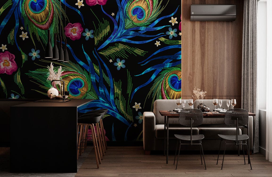 Wallpaper Mural with a Dark Embroidery Peacock Feather Design for Decorating the Dining Room