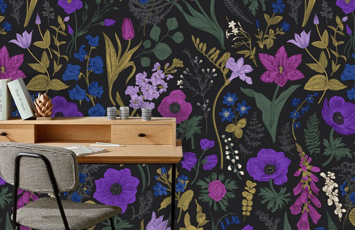 Wallpaper mural with dark purple flowers designed specifically for use in offices.
