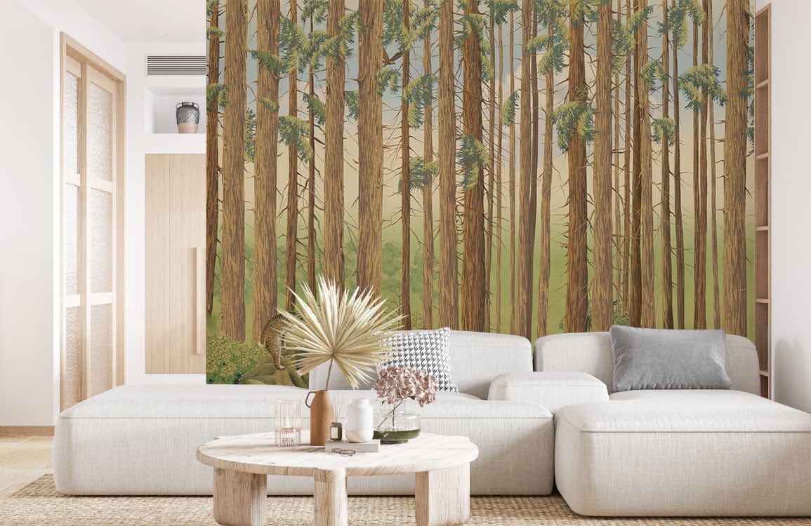 Wallpaper Mural with Thick Tree Trunks for Use in Decorating the Living Room