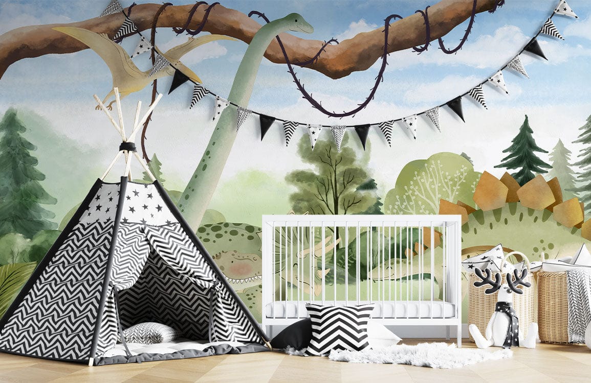 Wallpaper mural with dinosaurs together in a forest for use in decorating nurseries.