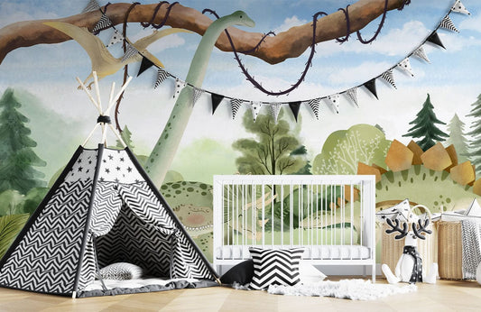 Wallpaper mural with dinosaurs together in a forest for use in decorating nurseries.