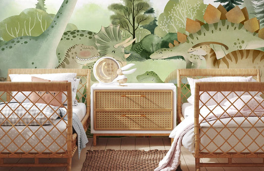 Wallpaper mural featuring friendly interactions between dinosaurs, perfect for use as nursery decor.