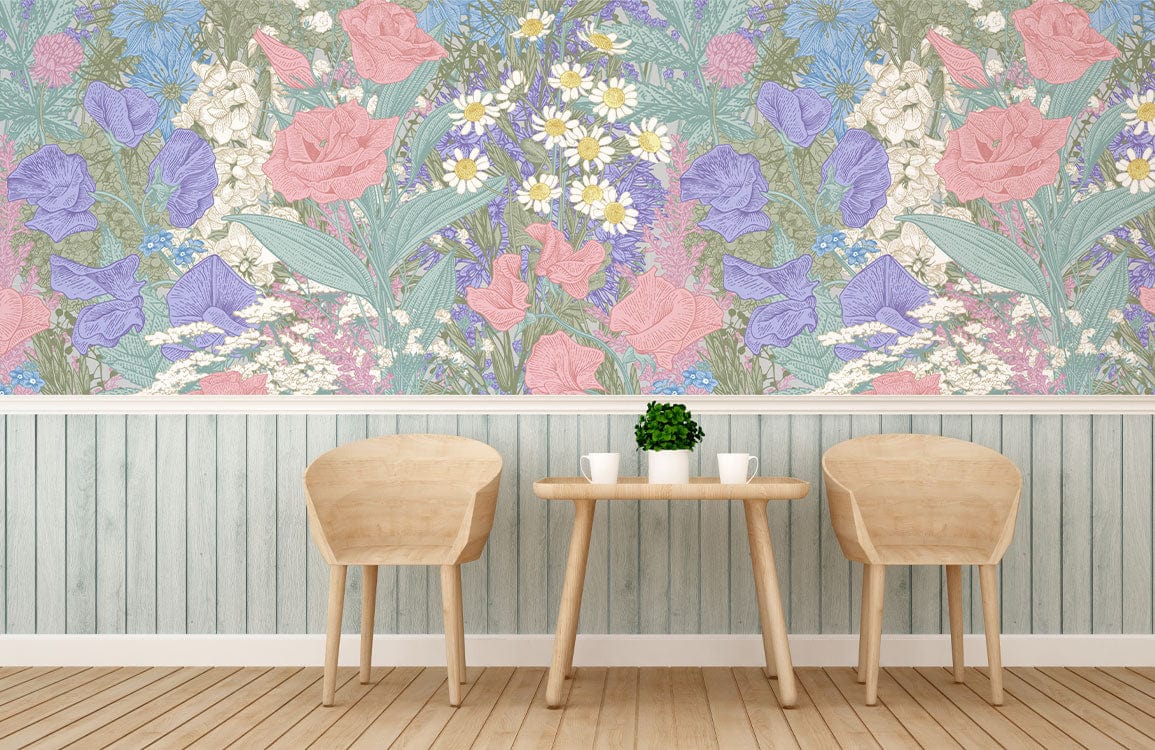 Wallpaper mural featuring a dreamy design of dense flowers, perfect for decorating the dining room.