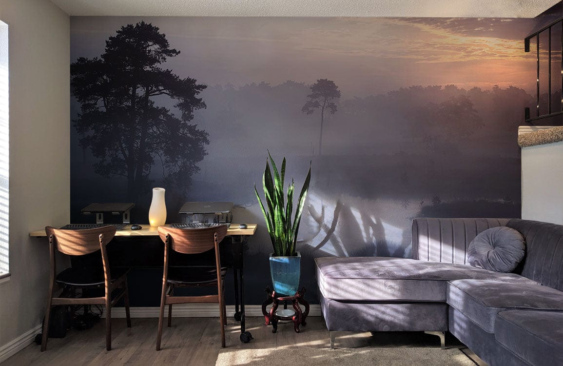 Wallpaper Mural for the Living Room Decor Featuring a Fantasy Purple Misty Forest