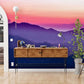 Wallpaper mural featuring a fanciful scene of purple mountains and valleys, perfect for the hallway.
