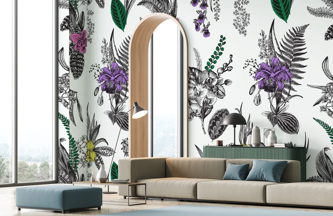 Wallpaper Mural with Exotic Orchids and Leaves, Perfect for Decorating the Living Room