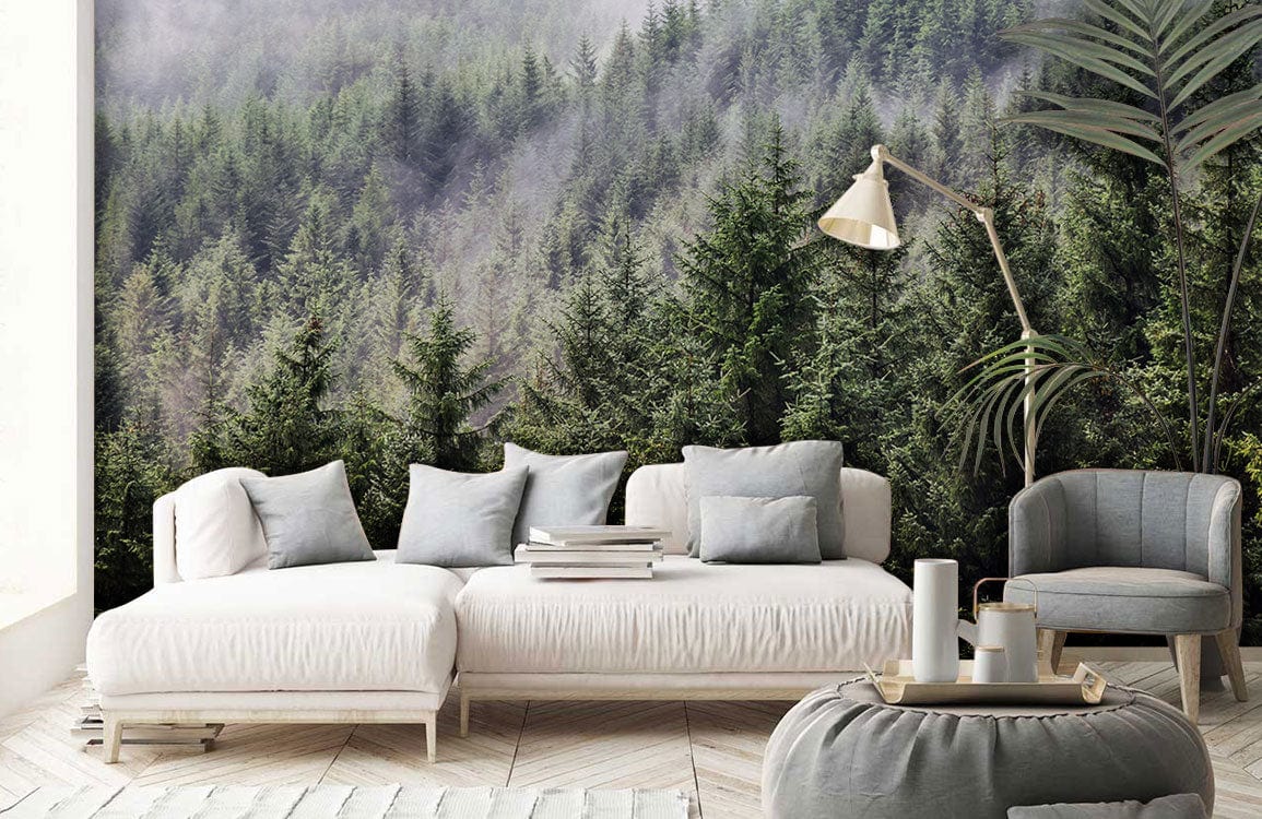 Wallpaper mural with a fading mist forest scene, perfect for decorating the living room.