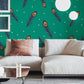 Mural wallpaper design featuring feathers on a vibrant green background for the living room.