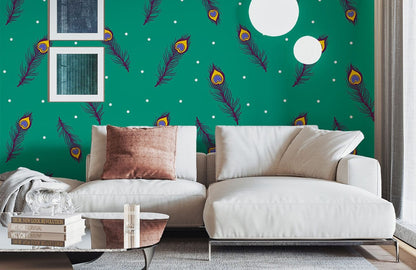 Mural wallpaper design featuring feathers on a vibrant green background for the living room.