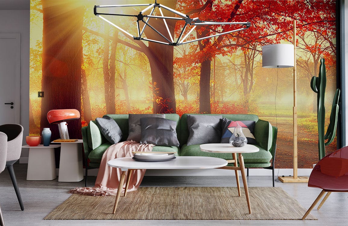 Landscape Wall Mural Wallpaper with Burning Red Woods, Perfect for Home Interior Design
