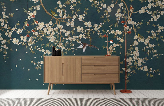 Mural with Flower Vines on Jasper Wallpaper Used as D��cor in the Hallway