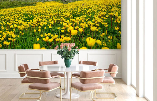 Mural Wallpaper with Flowers on a Mountain Top, Ideal for the Dining Room