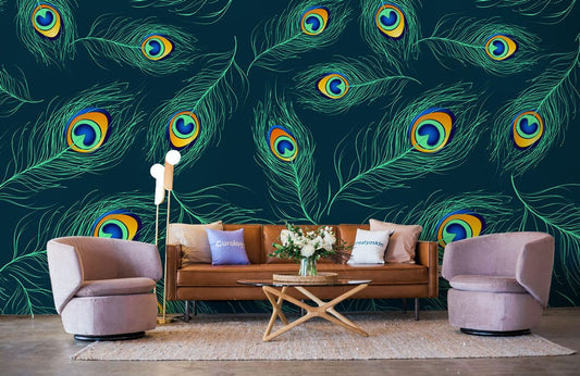 Peacock feather wallpaper mural in fluorescent colors, perfect for decorating the living room.
