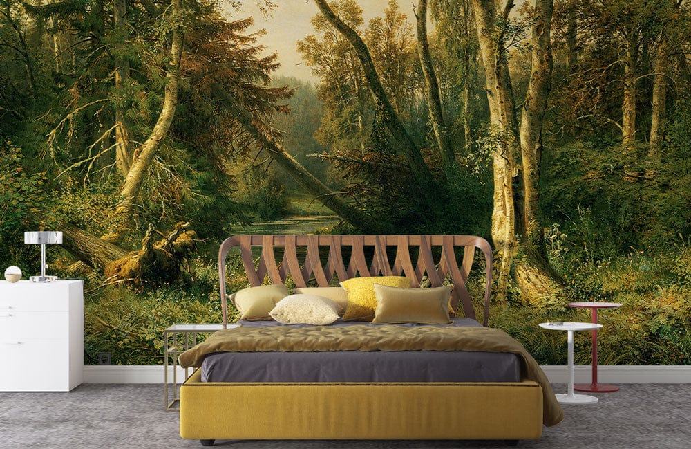 Wallpaper mural featuring a Scene in the Woods with Herons for Interior Decoration