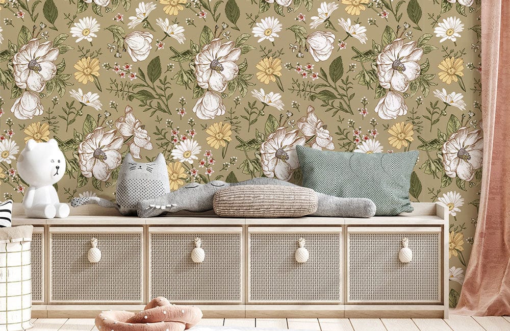 Wallpaper mural with fully opened daisies, perfect for use in the foyer.