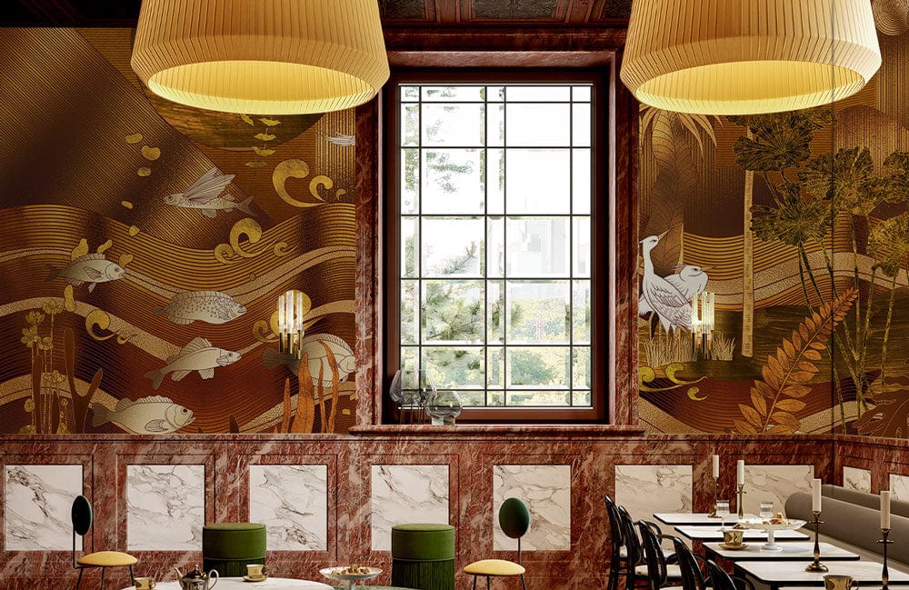 Golden Wallpaper Mural with Abstract Ocean Design for Restaurant Decoration