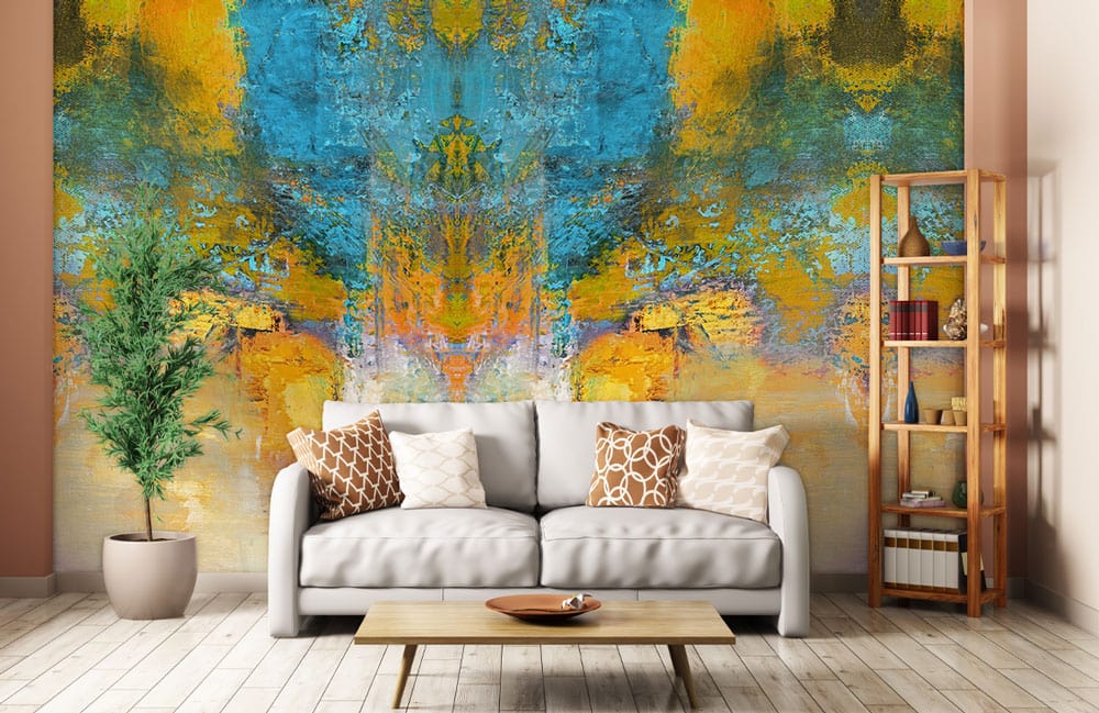 Decorate your living room with this golden and blue paint