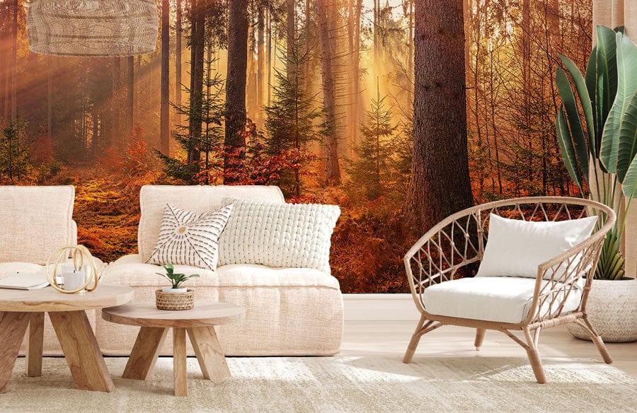 Wallpaper mural featuring a golden autumn in a forest scene, perfect for decorating a living room.