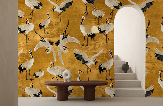 Golden and Beautiful Cranes Printed on a Mural Wallpaper for the Foyer Decoration