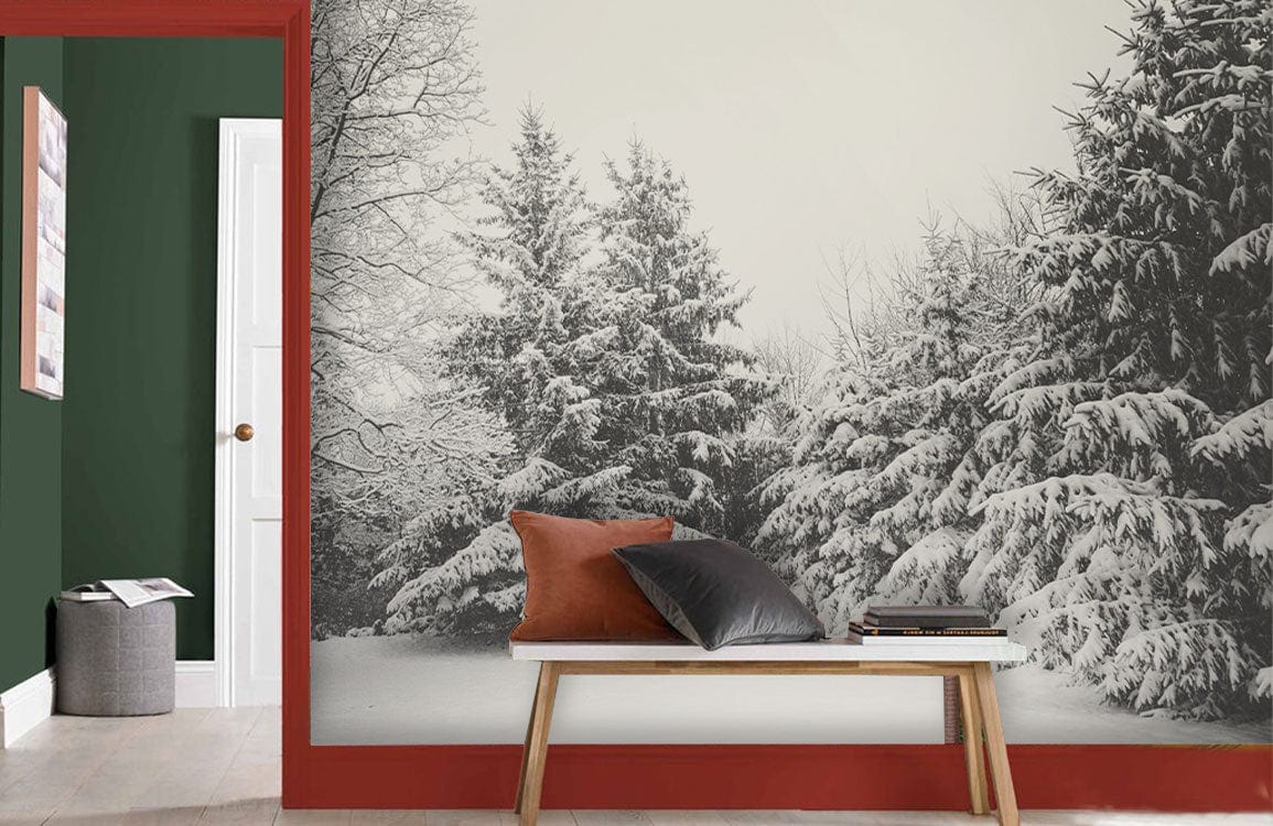 Wallpaper mural depicting a snowy forest scene in gray, ideal for use in hallway decor