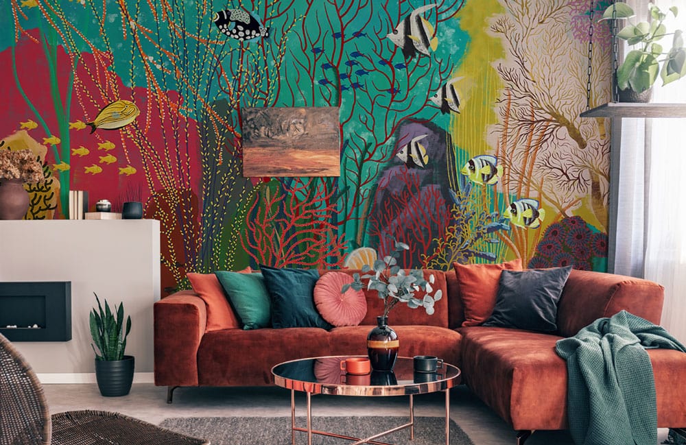 Wallpaper mural featuring a green ocean ground design for the living room's decor