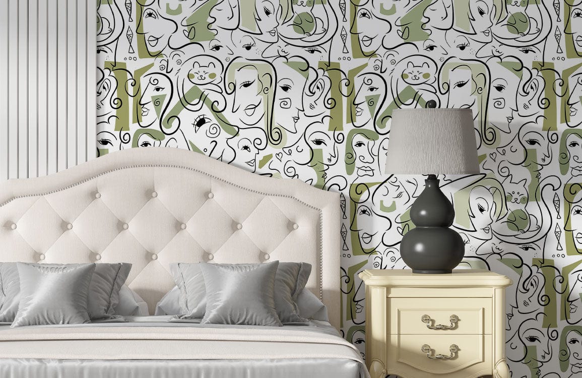 Wallpaper mural with green side faces for use as bedroom decor.