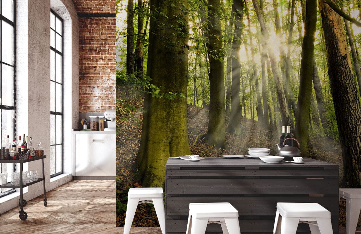 Wallpaper mural featuring a forest scene with a slope for use in decorating the dining room.