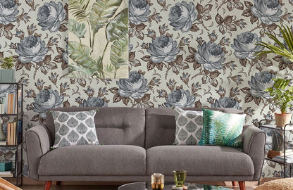 Wallpaper Mural for Home Decoration Featuring Grey and Brown Flowers