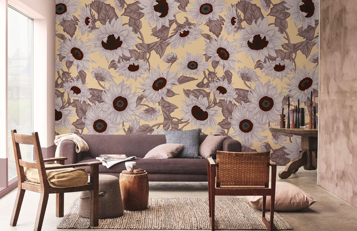 Wallpaper mural featuring grey daisies for use in decorating the living room