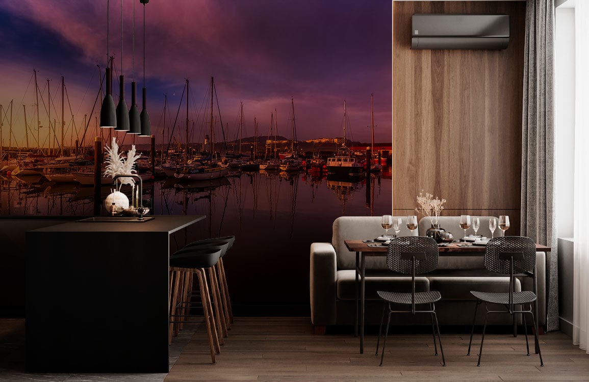 Wallpaper mural featuring a harbor with a sunset scene for use in decorating the dining room.