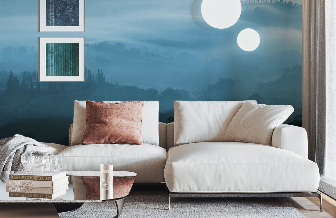 Wallpaper mural with hazy mountains with rolling hills for use in decorating a living room
