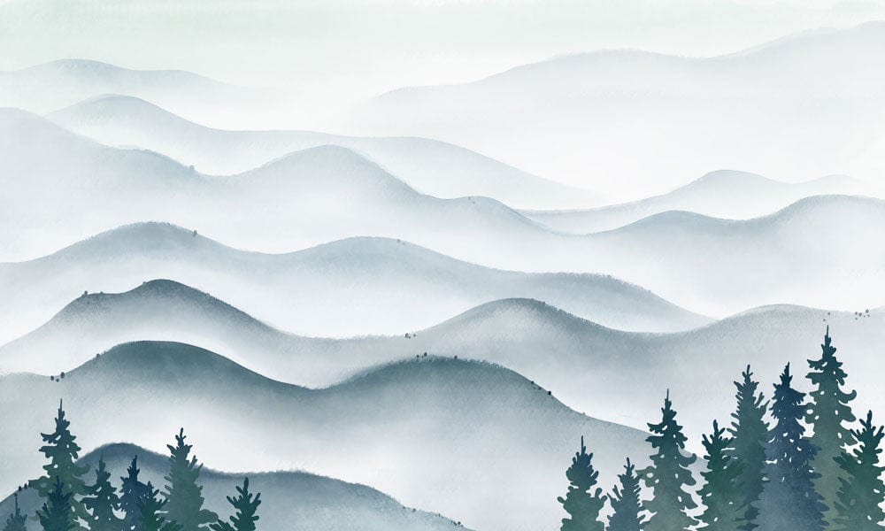 Waves from Ink Mountain Printed on a Large-Scale Mural Wallpaper for Interior Design
