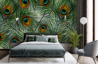 Peacock Feather Wallpaper Mural with Interlocking Patterns for Bedroom Decoration