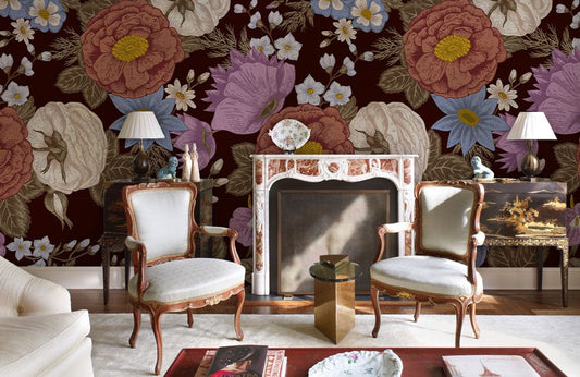 Decoration for the Living Room Utilizing a Large Colorful Paisley Wallpaper Mural