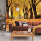 Wallpaper mural featuring a scene of leaves blowing in the wind during autumn, perfect for decorating a living room.