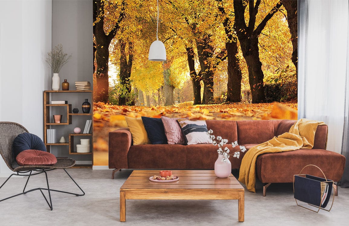 Wallpaper mural featuring a scene of leaves blowing in the wind during autumn, perfect for decorating a living room.