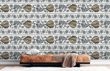 Vintage Blue Floral Stripe Mural Wallpaper