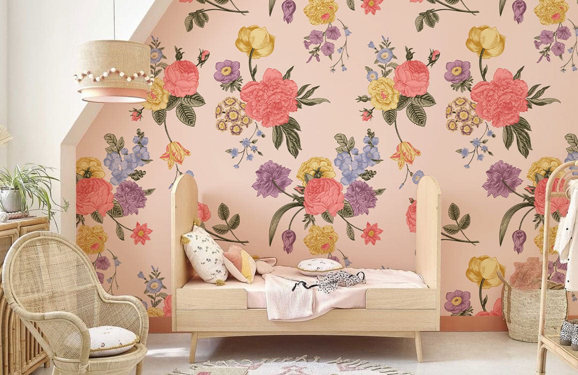 Wallpaper mural featuring light and colorful bouquets, perfect for decorating a bedroom