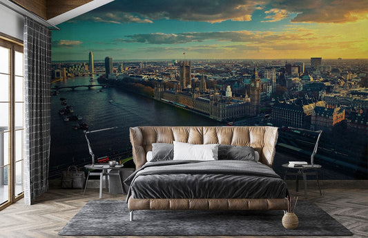 Wallpaper mural featuring a sunrise over London, perfect for decorating a bedroom.