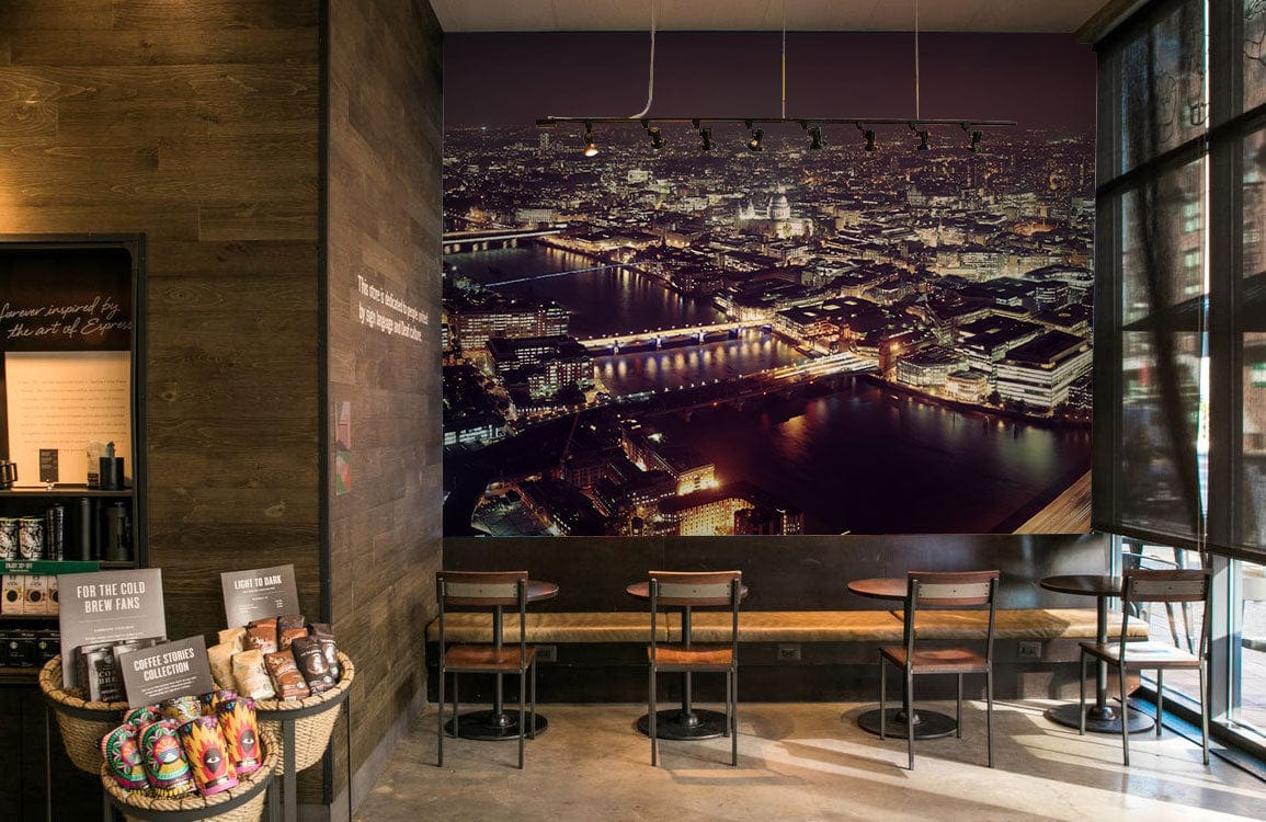 Wallpaper mural depicting London at night, perfect for use in decorating the dining area.