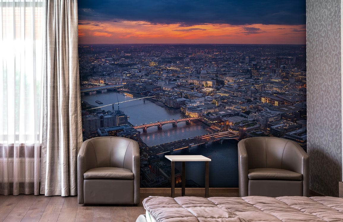 Wallpaper mural featuring a scene of London at sunset, perfect for decorating a living room.