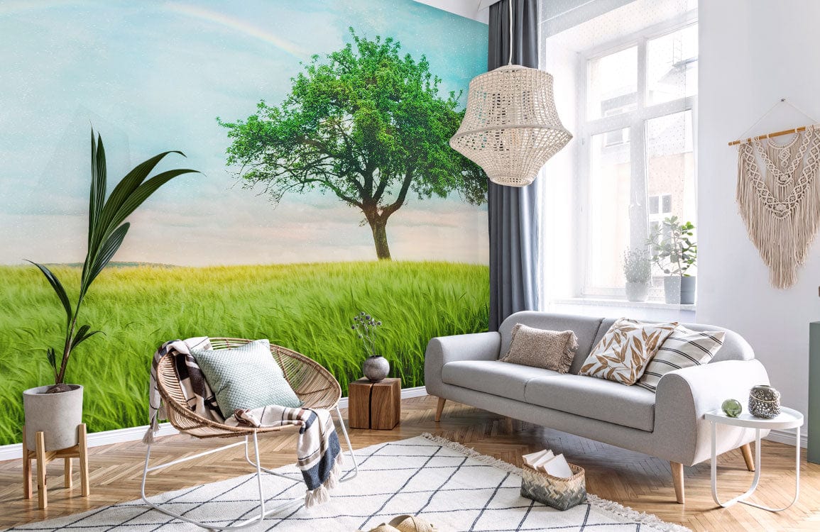 Wallpaper Mural with Lonely Tree and Rainbow for Decorating the Living Room